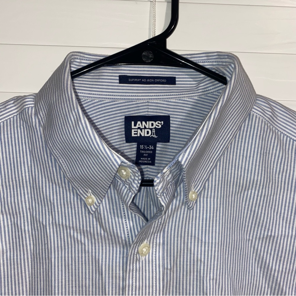 Lands' End Men's Striped Button Down Shirt - White and Blue